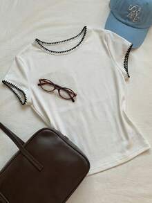 Comfortcana 2026新款时尚女式撞色滚边圆领短袖休闲百搭T恤，夏季上衣，春季户外穿着，休闲Y2K白色上衣 - 白色 - 查看 2