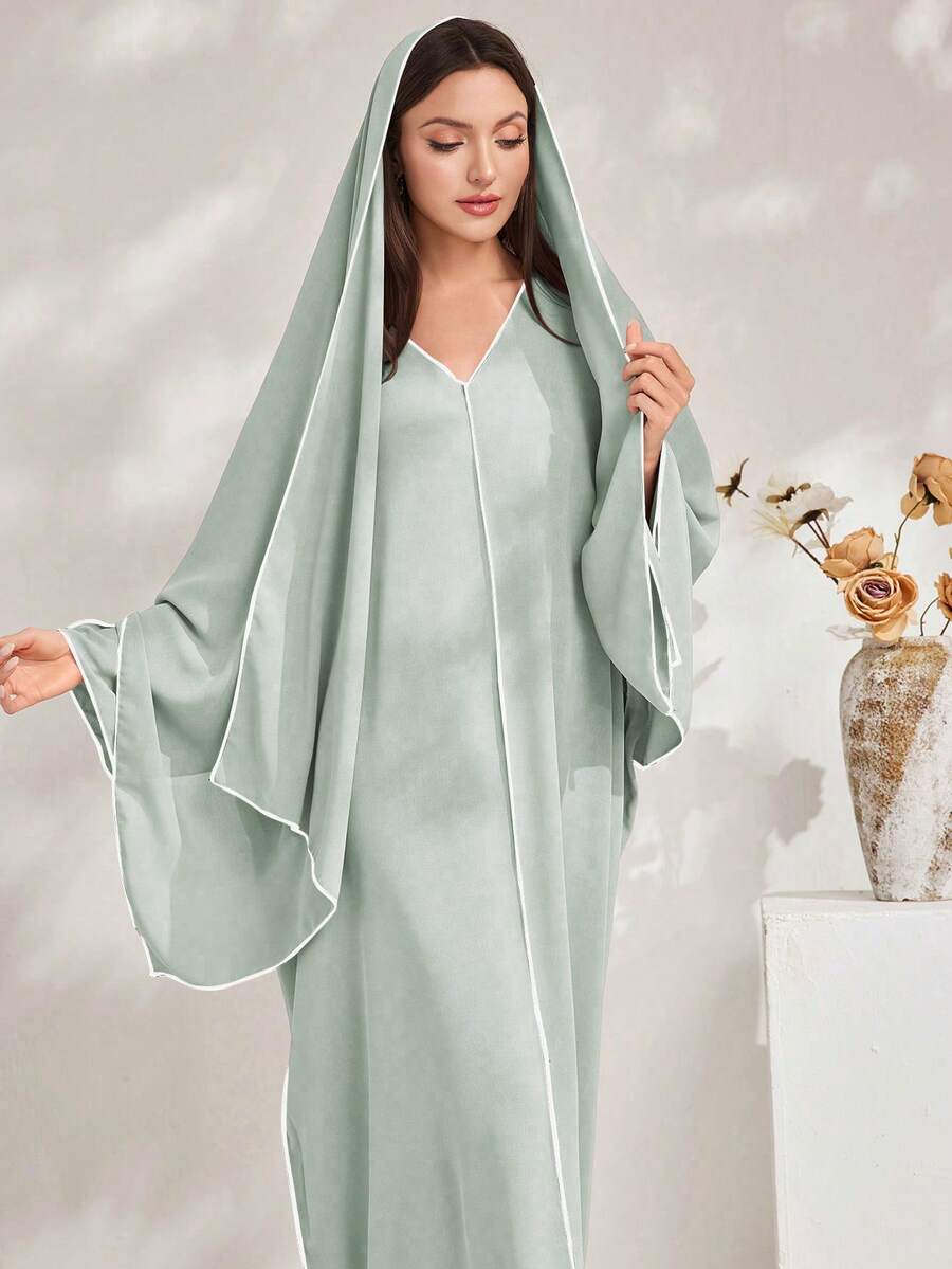 Al Najma Đầm maxi Thổ Nhĩ Kỳ dáng rộng cổ chữ V tay cánh dơi dành cho nữ - Màu xanh Bạc hà - Xem 1