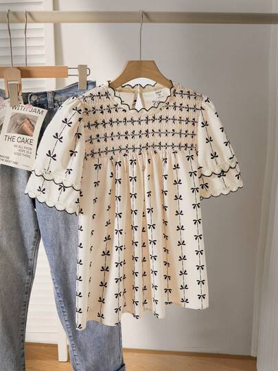 SHEIN ChillGRL Teen Girls' Elegant Bohemian Style Double Ruffle Trim Contrast Lace Patchwork Short Sleeve Casual Blouse, Suitable For Spring/Summer, Everyday Casual & Holiday