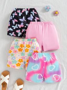 4pcs Celana Pendek Anak Perempuan Motif Tie-Dye Hati, Tie-Dye Kupu-kupu, dan Patchwork Bunga Warna Polos, Serbaguna untuk Pakaian Sehari-hari di Musim Panas dan Aktivitas Luar Ruangan - MultiWarna - View 2