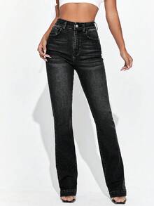 Selenza Casual Washed High Waist Flare Leg Jeans - Black - View 5