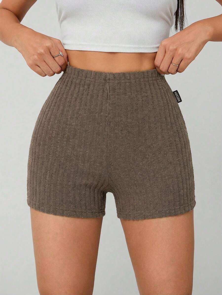 SHEIN PETITE Celana Pendek Biker Rajut Marled Musim Panas, Wanita Bertubuh Mungil - Mocha Brown - View 1