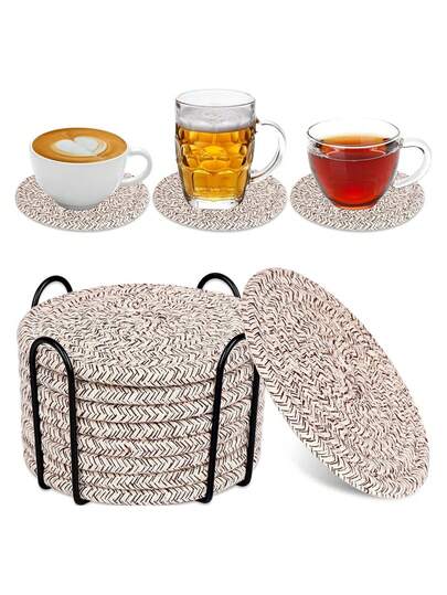 8 件装杯垫套装，带收纳架，简约编织桌面杯垫，厨房餐桌耐热杯垫，加厚隔热垫，厨房装饰佳品，家居装饰、客厅装饰、厨房桌面保护套装，适用于各种杯子，圣诞节节日送礼佳品