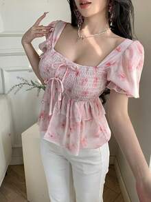 Celisse Floral Print Square Collar Petal Sleeve Bow Tie Waist Ruffle Hem Women Blouse - Multicolor - View 3