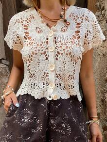 DAZY Hollow Knit V-Neck Short Sleeve Casual Vacation Summer Women Thin Cardigan - Apricot - View 3