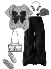 SHEIN ChillGRL Bộ 2 món cho bé gái tuổi teen, áo thun và quần cargo, áo thun cổ tròn tay ngắn thêu nơ và quần, trang phục thời trang cho mùa xuân/hè. - Màu Xám nhạt - Xem 4