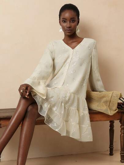 Vesra 女士V领花卉刺绣图案休闲派对长裙