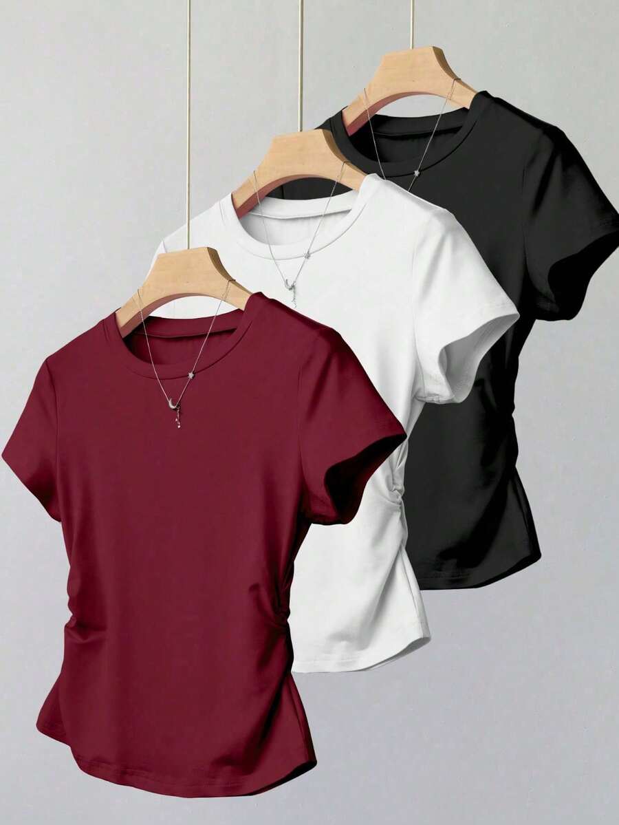 Genkimix Kids Bộ 3 áo thun ngắn tay nhún eo cho bé gái, màu đỏ tía, trắng, đen, thích hợp cho mùa hè, mặc hàng ngày, đi học, mặc cùng chị em gái, đi nghỉ mát, áo thun bé gái dễ thương, kiểu dáng ôm sát, dễ phối đồ, đa năng. - Màu Đỏ Sâu - Xem 1
