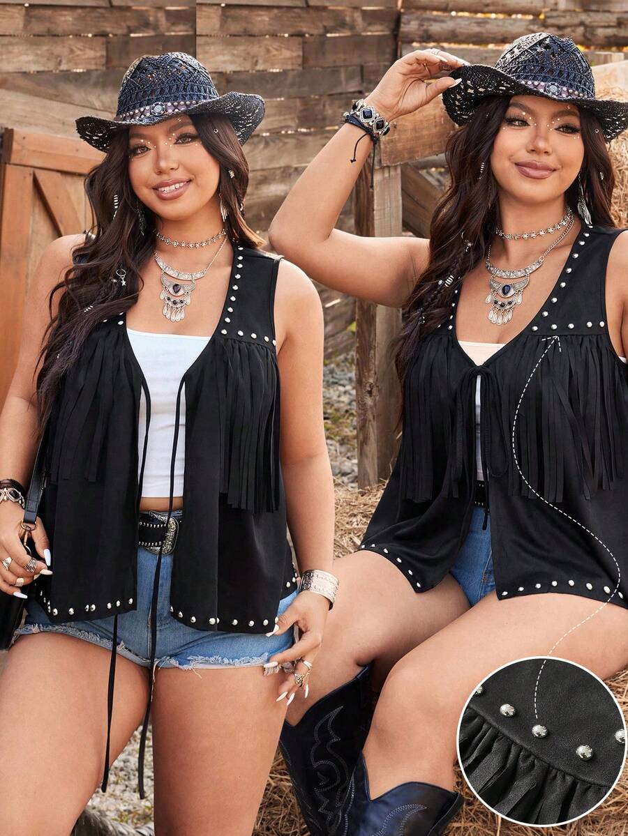 Ceyna Chaqueta sin mangas con cuello en V, lazo, cuentas, flecos y dobladillo con volantes para tallas grandes - Negro - Ver 1