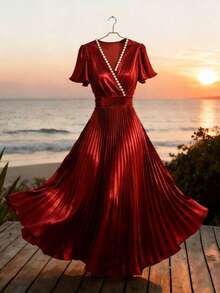 Franclia Women's Dark Red Elegant Summer Crossover V-Neck Dress,Short-Sleeved Beaded Trim Pleated Hem Gathered Waist,Dining Wedding Guest Graduation Party Gown - Red - View 1