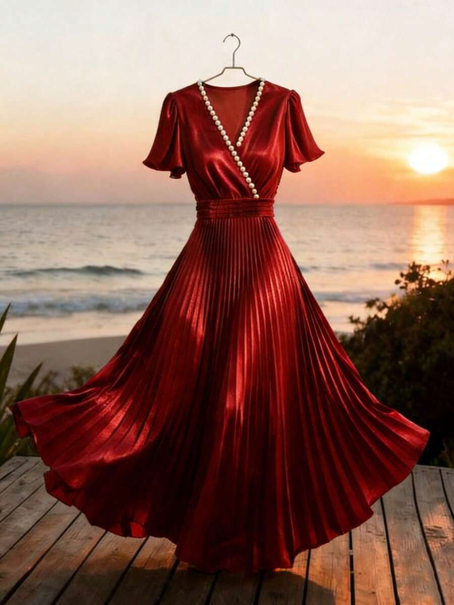 Franclia Women's Dark Red Elegant Summer Crossover V-Neck Dress,Short-Sleeved Beaded Trim Pleated Hem Gathered Waist,Dining Wedding Guest Graduation Party Gown - Red - View 1