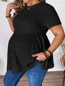 Plussiva 孕妇加大码纯色圆领休闲百搭日常短袖上衣 - 黑色 - 查看 5