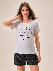 Women Cotton 2pcs Grey Contrast Colour Lettered Moon Cloud Printed Round Neck Short Sleeved Shirt & Contrast Colour Heart Patterned Shorts Homewear Comfort Casual Pajama Set - Multicolor - View 3
