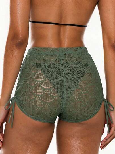 Swim Vcay 2026 Spring/Summer Green Grid Side Drawstring Women Vacation Bikini Cover-Up Women Summer Shorts Knitted Bathing Suit Bathing Suits For Women Shorts Sexy Shorts For Women Two Piece Shorts Mesh Two Piece Set Lace Up Shorts