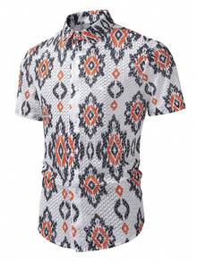 Manfinity RSRT 男士标准尺码短袖纹理面料休闲度假衬衫，男友礼物，男士短袖纽扣印花衬衫，男士派对衬衫，抽象男士夏季衬衫，男士波西米亚风衬衫，墨西哥风纽扣衬衫，男士短袖针织几何图案纽扣衬衫，男士复古风格，日常休闲，周末旅行，户外活动，探险旅行，轻松的工作环境或半正式场合，男友/丈夫礼物，周年纪念/生日礼物，派对，夏季假期，婚礼，春夏，复活节 - 彩色 - 查看 4