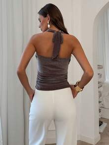 Selianne Women's Solid Color Halter Tie Casual Versatile Top, Suitable For Spring/Summer Dates And Outings - Coffee Brown - View 2