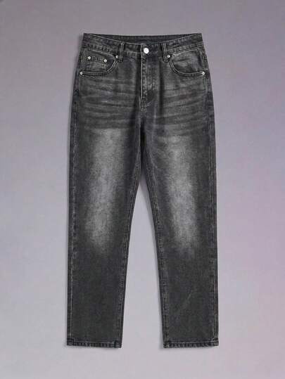 DSELFIQUE 男士时尚简约牛仔裤，适合休闲外出，纯色牛仔裤长直筒深灰色洗水工装牛仔裤，适合丈夫、男朋友的礼物