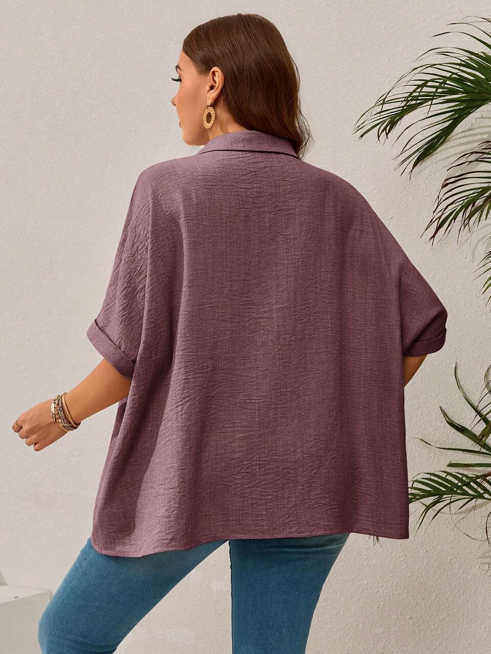 Plus Size Women's Solid Color Batwing Sleeve Loose Single-Breasted Casual Shirt,Vacation Outfits Woman,Summer Clothes Fall