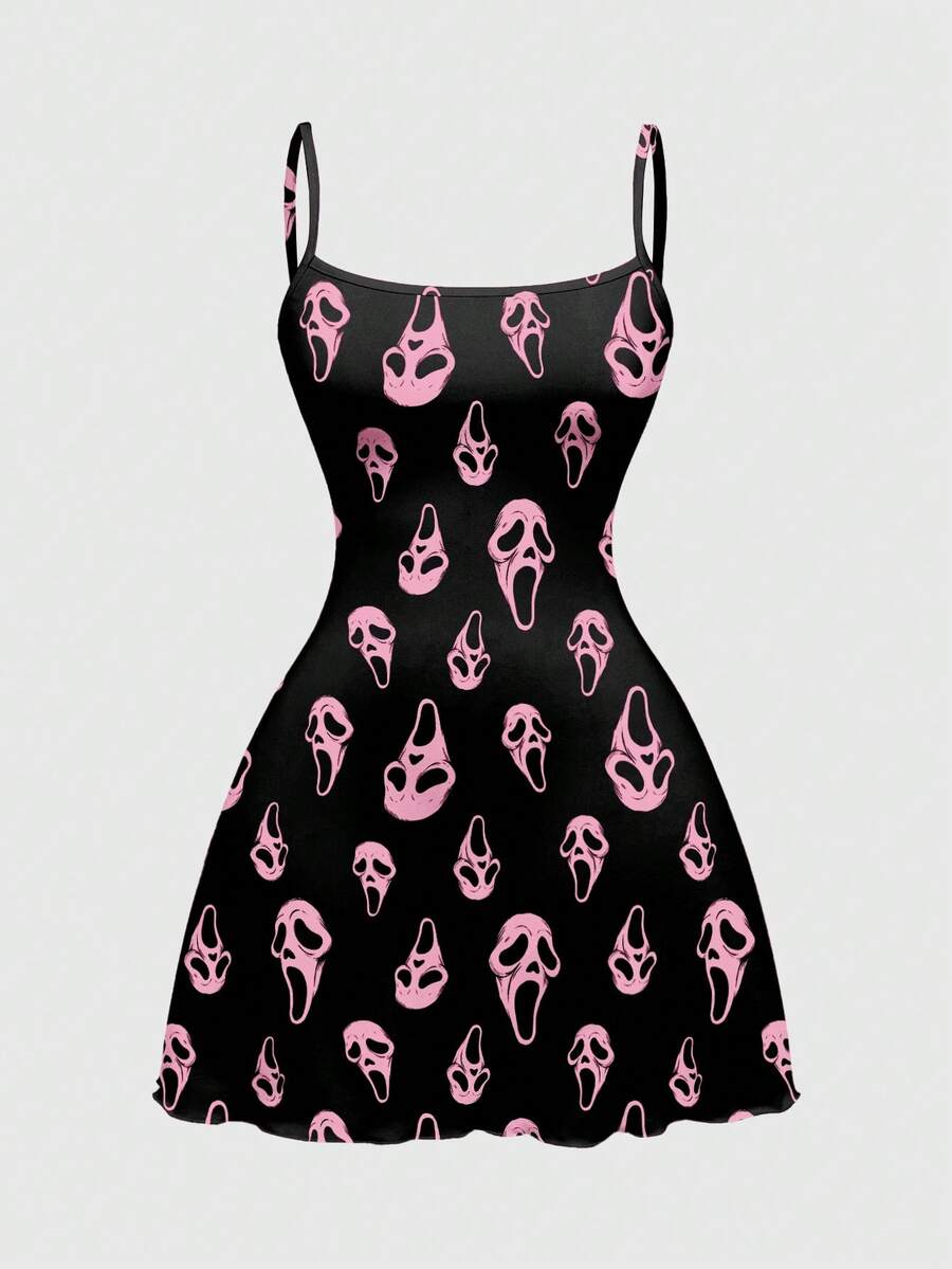 ROMWE Goth Váy cỡ lớn gợi cảm, dây mảnh, co giãn, họa tiết ma quỷ nhỏ, mặt nạ đen tối, kinh dị, phối màu tương phản, in toàn bộ. - màu đen - Xem 1