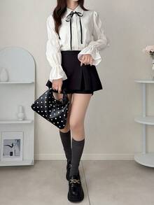 FRIFUL Blusa holgada y versátil de manga larga con contraste de color para mujer, ideal para primavera/verano - Blanco - Ver 2