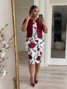 SHEIN Lady Plus Size Elegant Burgundy Summer Wedding 2-Piece Set,Solid Color Short Sleeve Top And Floral Print Dress,Office Business Casual Skirt Suits For Women - Multicolor - View 5