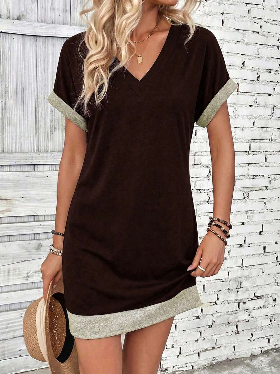 EMERY ROSE Women's V-Neck Casual Vacation Daily Wear Mini Dress - Coffee Brown - View 1