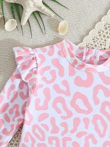 Baby Girls' One-Piece Swimsuit, Knitted Fabric, Cute Leopard Print, Ruffle Shoulder Design, Waist Belt Skirt, Headband Included, Suitable For Swimming, Water Play, Pool Fun - Multicolor - View 4