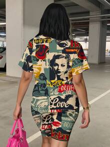 Slaydiva Set de 2 piese casual retro cu imprimeu grafic, mărime mare, potrivit pentru ținute de festival de muzică - Multicolor - Vizualizare 2