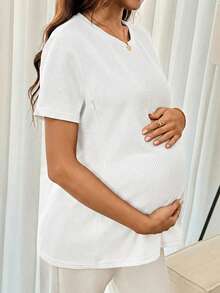 SHEIN Pregnant Women's Solid Color Round Neck Casual Breastfeeding Functional Short Sleeve Top, Versatile For Daily Wear - White - View 6