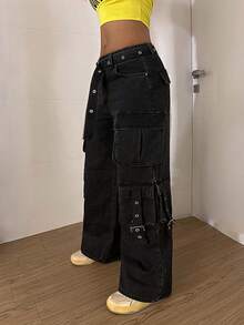 StreetHx 女士休闲水洗牛仔裤，配腰带 - 黑色 - 查看 5