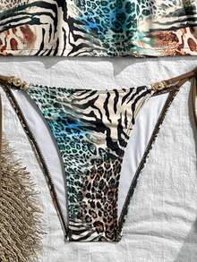 Swim Vcay Bộ đồ bơi nữ mùa xuân/hè in kỹ thuật số, không gọng, dây mảnh và quần short bơi buộc dây bên hông, thích hợp cho kỳ nghỉ biển. - Màu xanh lam - Xem 6