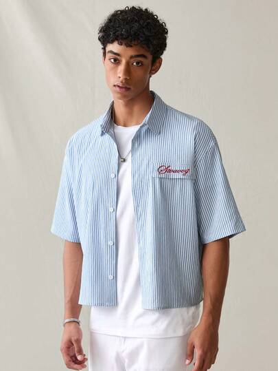 SWAVVY Men's Casual Striped Letter Embroidered Shirt, Summer