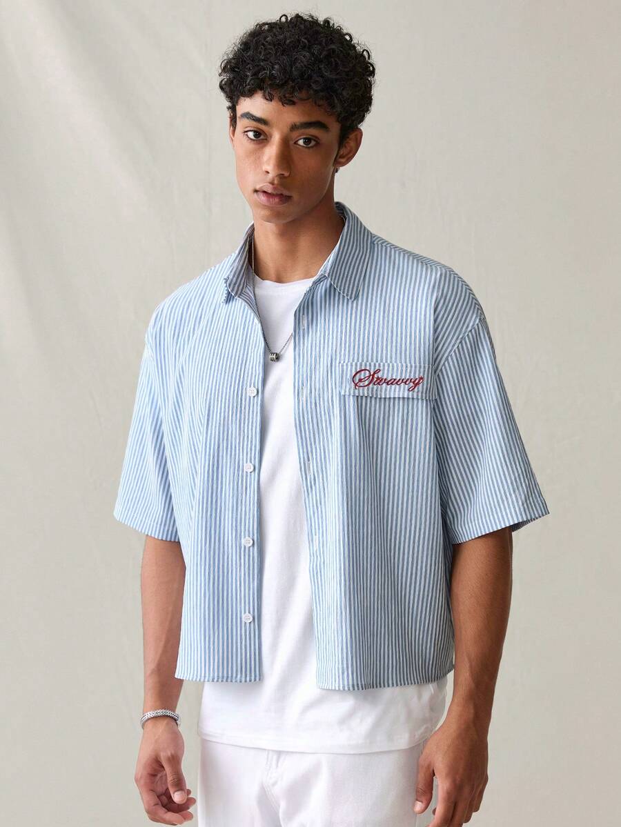 SWAVVY Men's Casual Striped Letter Embroidered Shirt, Summer - Red - View 1