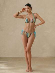 Swim Vcay 女士夏季沙滩拼接露背系带休闲比基尼和三角泳裤套装 - 彩色 - 查看 4