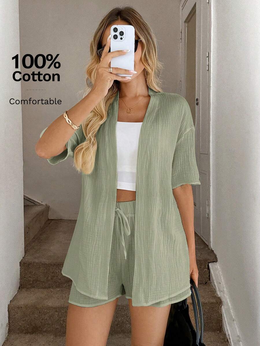 Easowa Bộ áo kimono và quần short dáng rộng, màu trơn, chất liệu vải có họa tiết, thích hợp cho nữ đi nghỉ mát và đi làm. Bộ đồ mặc nhà mùa hè cho nữ, bộ quần short 2 mảnh, bộ đồ thoải mái cho nữ đi nghỉ mát, bộ hai mảnh thoải mái cho nữ. - màu xanh lá - Xem 1