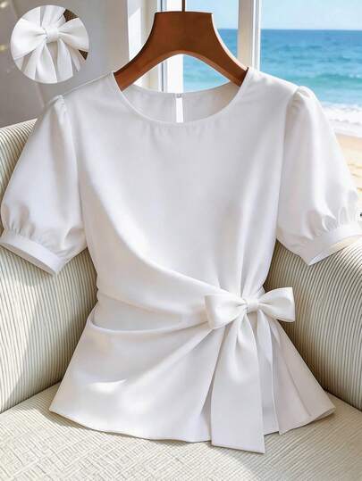 Franclia 女士白色纯色时尚衬衫，夏季新款