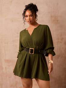Veslaya Plus Size Women Olive Green Autumn Jumpsuit,V-Neck Puff Sleeve Elastic Waist Woven Fabric Romper,Smart Casual Everyday Commute Elegant Business Outfit - Army Green - View 9