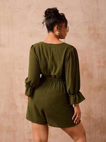 Veslaya Plus Size Women Olive Green Autumn Jumpsuit,V-Neck Puff Sleeve Elastic Waist Woven Fabric Romper,Smart Casual Everyday Commute Elegant Business Outfit - Army Green - View 3