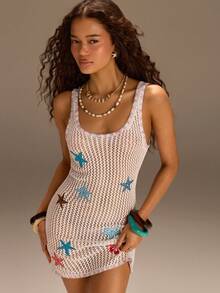 Athîral 女士度假沙滩海星刺绣镂空针织连衣裙 - 彩色 - 查看 3