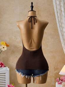 Femesol Women's Solid Color Sequin Beaded Halter Backless Sexy Versatile Date Night Knit Top - Brown - View 3