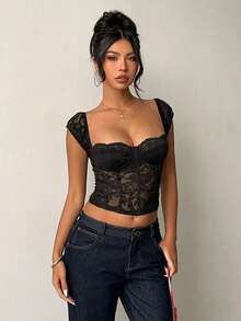 Aloruh Women's Black Lace Patchwork Bustier Camisole,Chic Sleeveless Tight Fitted Corset Top,Elegant Club Party Summer Top For Dates,Music Festival - Black - View 4