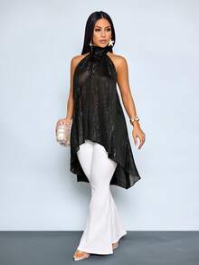 SOLERSUN Camicetta elegante in chiffon da donna, stile vacanziero, colore unito, senza maniche, scollo a spalla, collo alla coreana, fluida, adatta per occasioni serali, matrimoni, feste e uso quotidiano - nero - Visualizzare 7