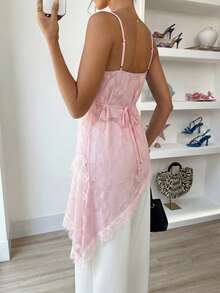 Elouméa Women's Elegant Lace Asymmetric Hem V-Neck Camisole, Suitable For Vacation, Daily Wear, Date, Spring/Summer - Pink - View 2