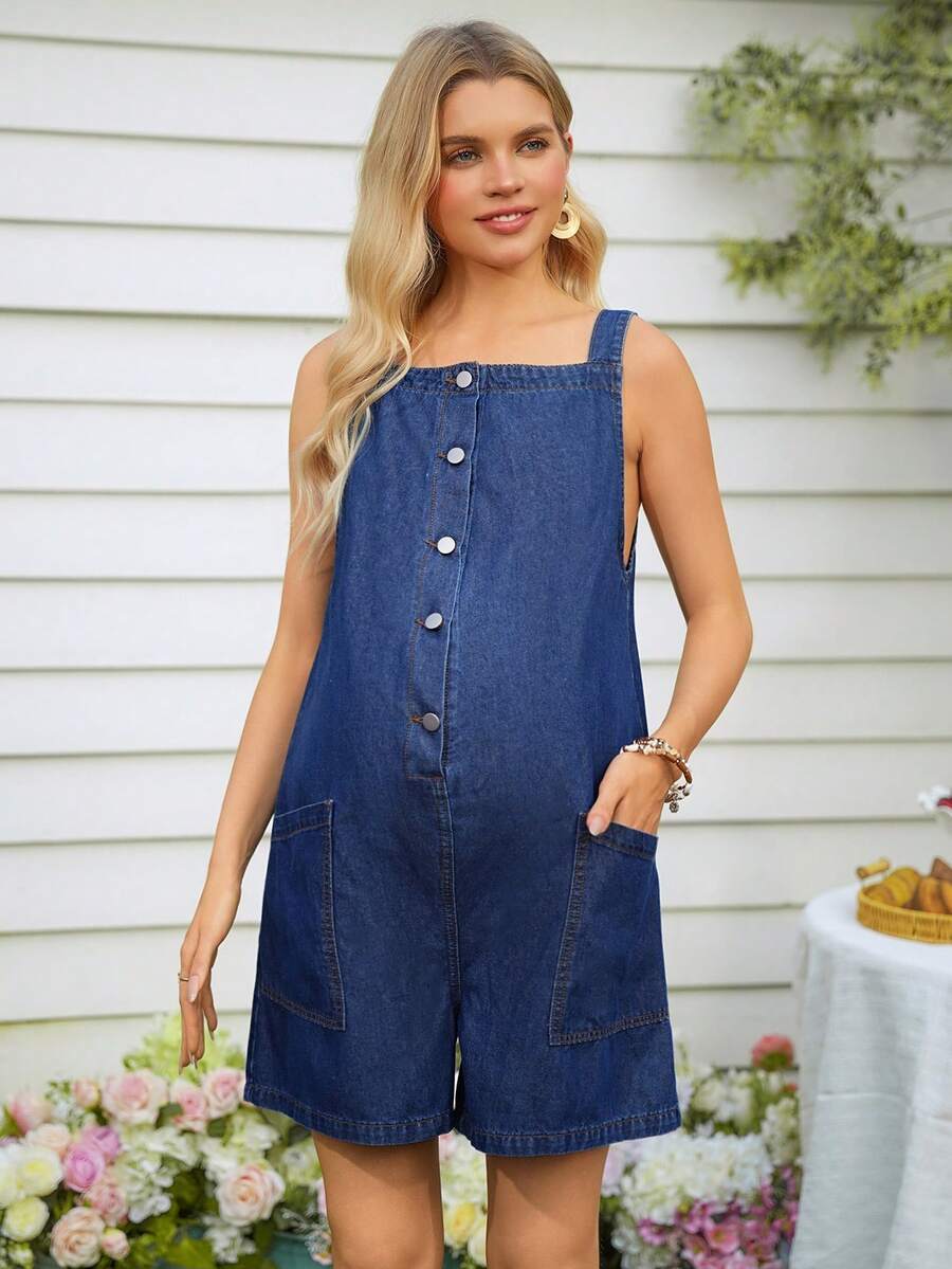 SHEIN 孕妇休闲深色水洗牛仔连体裤 - 深色水洗藍 - 查看 1