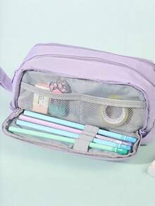 Large Capacity 4 Compartments Multi-Layer Zipper Stationery Bag, Standable On Desktop, Portable With Handle, Suitable For Office, School, College, Adults, Black, Back-To-School Gift, School Supplies, Pencil Pouch, School Bag - Multicolor - View 5