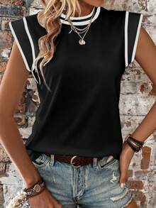 EMERY ROSE Women's Color-Blocked Simple Round Neck T-Shirt For Daily Wear Graphic Tees Women Tops - Black and White - View 1