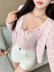 DAZY 女士印花修身运动套装，包含露脐上衣和开衫，适合夏季、春季和秋季穿着。 - 粉色 - 查看 5