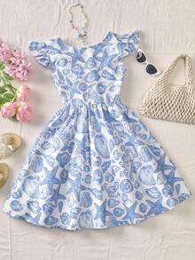 女童碎花露背蝴蝶结设计短袖收腰连衣裙 - 藍色 - 查看 5