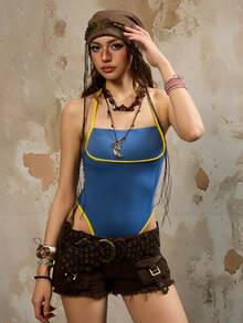 Rina Fox Women's Contrast Color Halter Backless Bodysuit For Beach Vacation - Multicolor - View 4