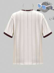 Tween Girl Striped Letter & Badge Print Loose Dropped Shoulder T-Shirt With Contrast Trim Details - Apricot - View 2